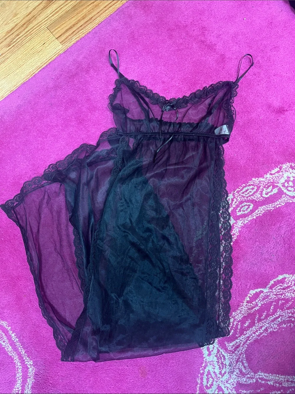 Vintage Goth black sheer mesh lace trim slit sides overlay maxi lingerie dress - Picture 6 of 6